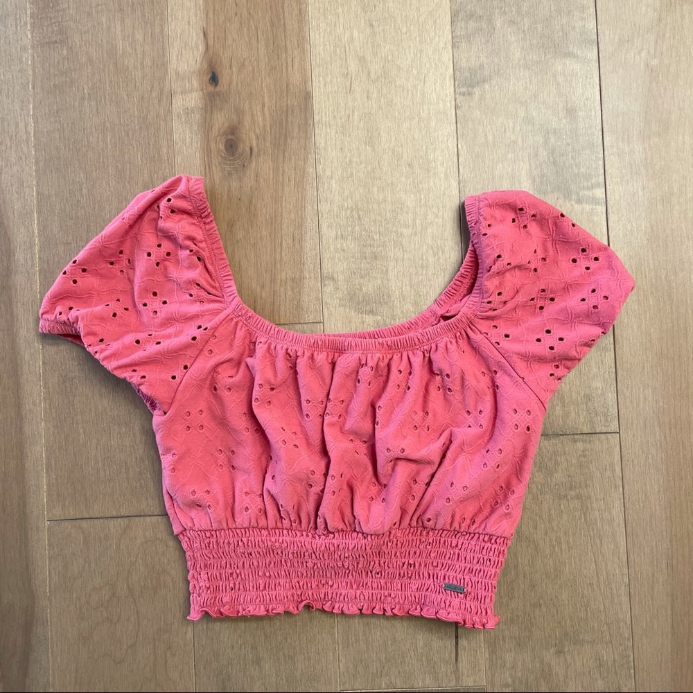 Pink puff sleeve eyelet top